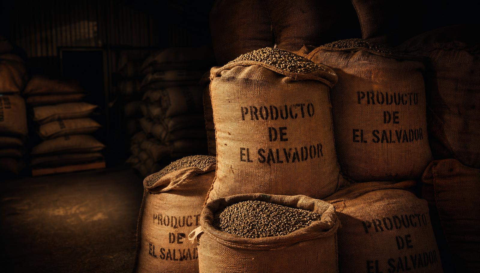 Stacked jute coffee sacks stencilled Producto de El Salvador in a warehouse